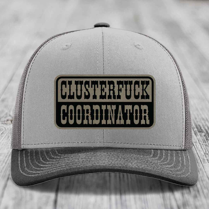 Cluster F*ck Coordinator - Leather Patch Hat - Light Brown to Black Patch - Richardson 112 Snapback Trucker Hat