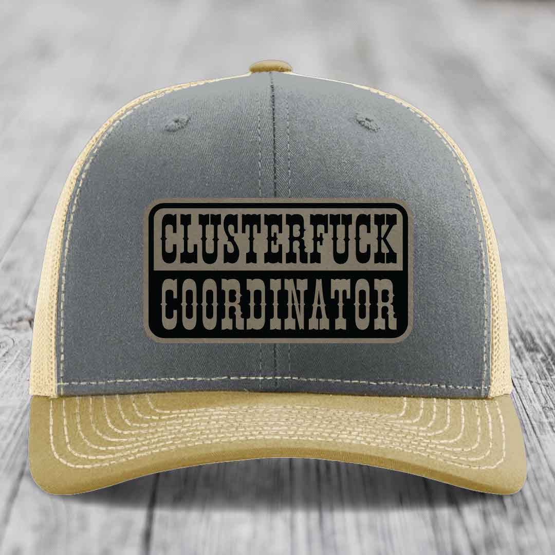 Cluster F*ck Coordinator - Leather Patch Hat - Light Brown to Black Patch - Richardson 112 Snapback Trucker Hat
