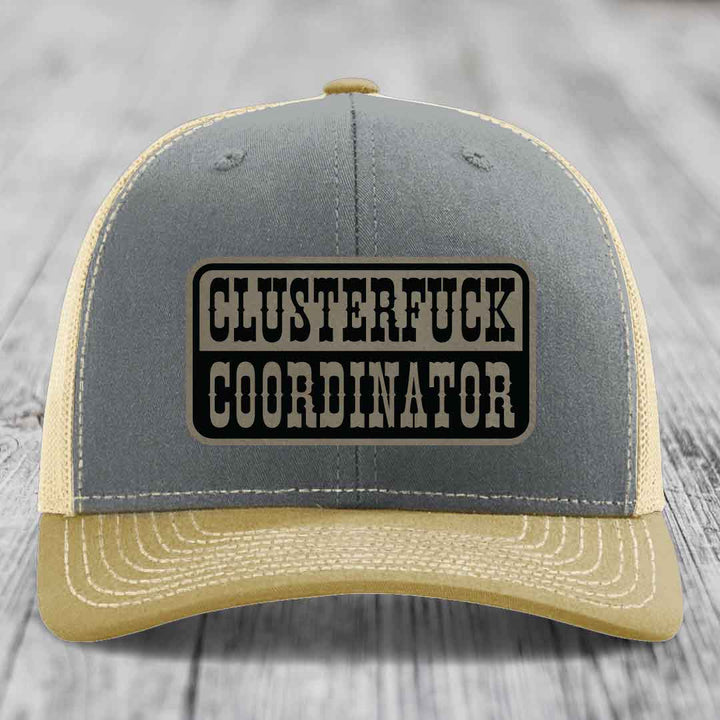 Cluster F*ck Coordinator - Leather Patch Hat - Light Brown to Black Patch - Richardson 112 Snapback Trucker Hat