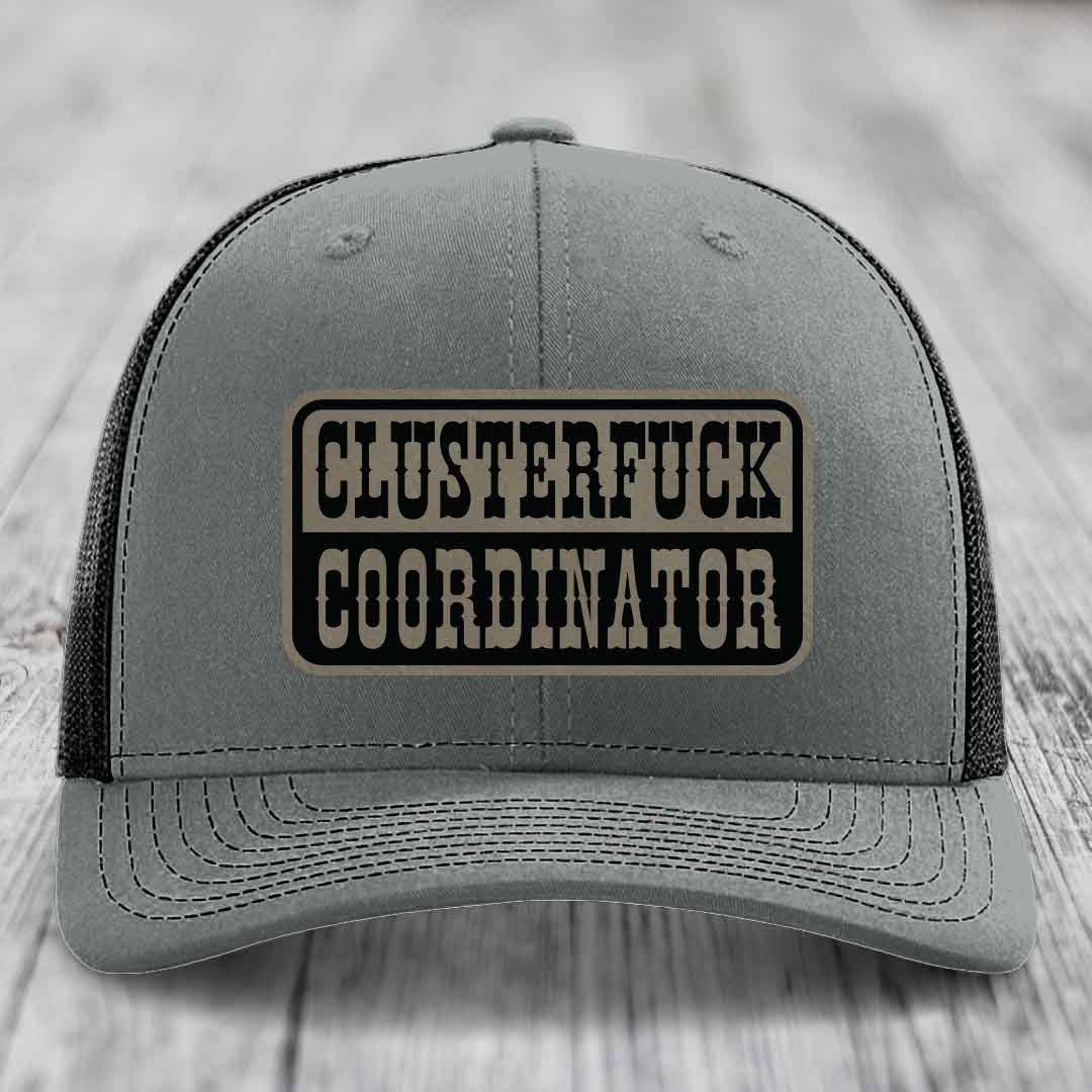Cluster F*ck Coordinator - Leather Patch Hat - Light Brown to Black Patch - Richardson 112 Snapback Trucker Hat