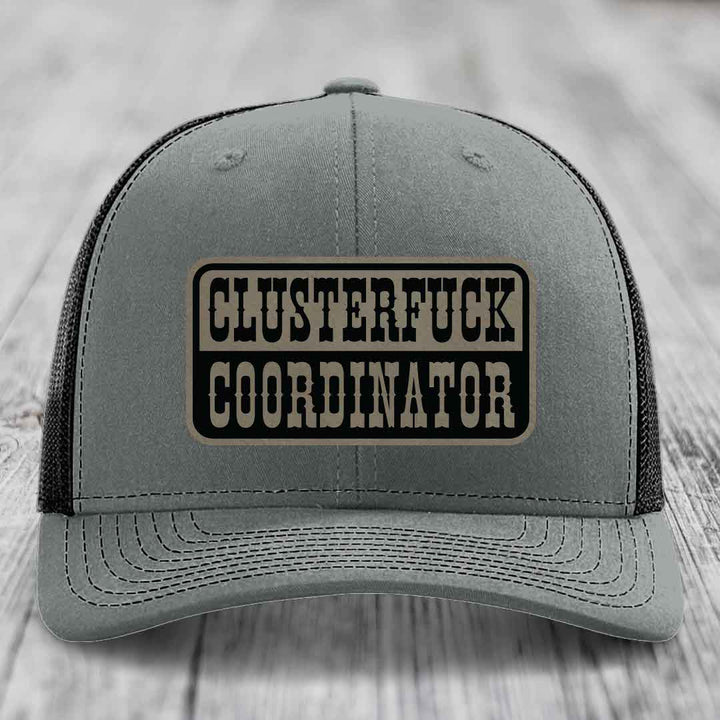 Cluster F*ck Coordinator - Leather Patch Hat - Light Brown to Black Patch - Richardson 112 Snapback Trucker Hat