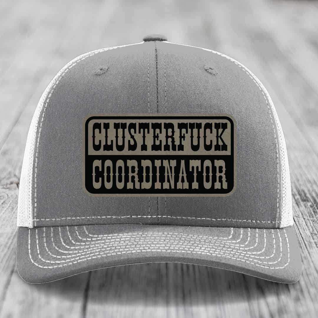 Cluster F*ck Coordinator - Leather Patch Hat - Light Brown to Black Patch - Richardson 112 Snapback Trucker Hat