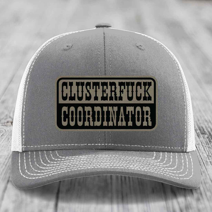 Cluster F*ck Coordinator - Leather Patch Hat - Light Brown to Black Patch - Richardson 112 Snapback Trucker Hat