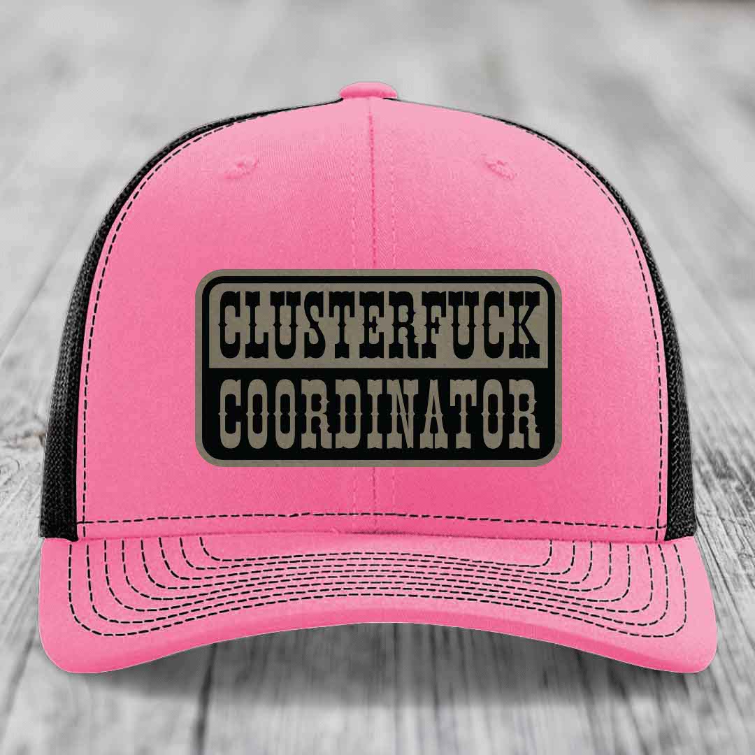 Cluster F*ck Coordinator - Leather Patch Hat - Light Brown to Black Patch - Richardson 112 Snapback Trucker Hat