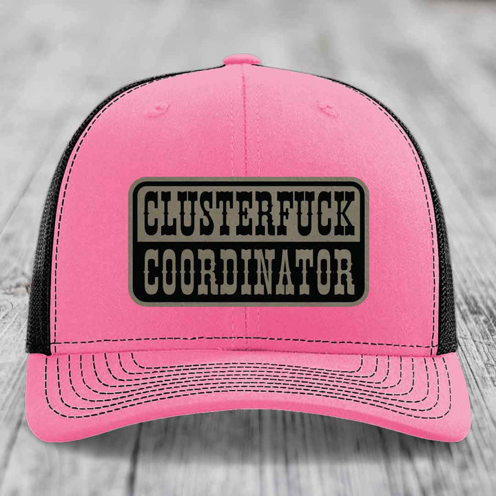 Cluster F*ck Coordinator - Leather Patch Hat - Light Brown to Black Patch - Richardson 112 Snapback Trucker Hat