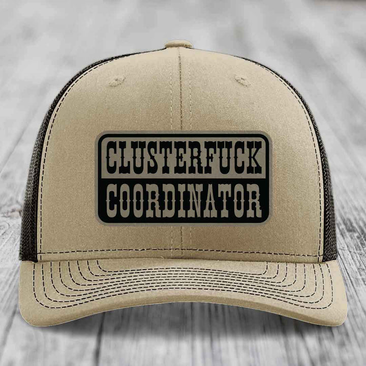 Cluster F*ck Coordinator - Leather Patch Hat - Light Brown to Black Patch - Richardson 112 Snapback Trucker Hat