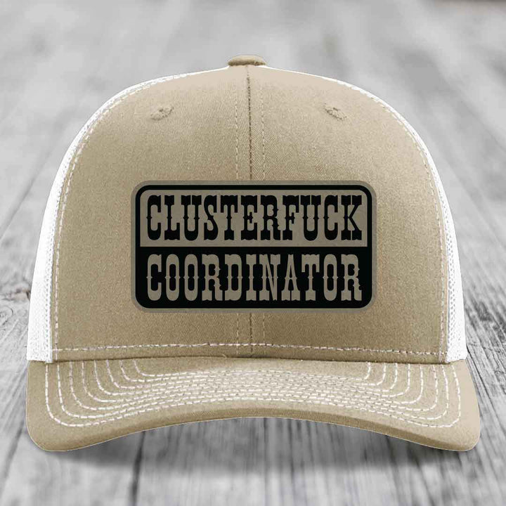 Cluster F*ck Coordinator - Leather Patch Hat - Light Brown to Black Patch - Richardson 112 Snapback Trucker Hat