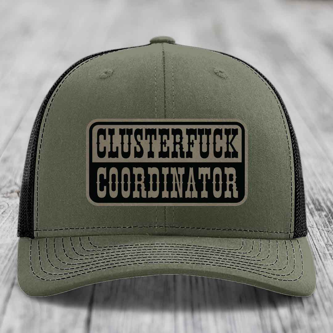 Cluster F*ck Coordinator - Leather Patch Hat - Light Brown to Black Patch - Richardson 112 Snapback Trucker Hat