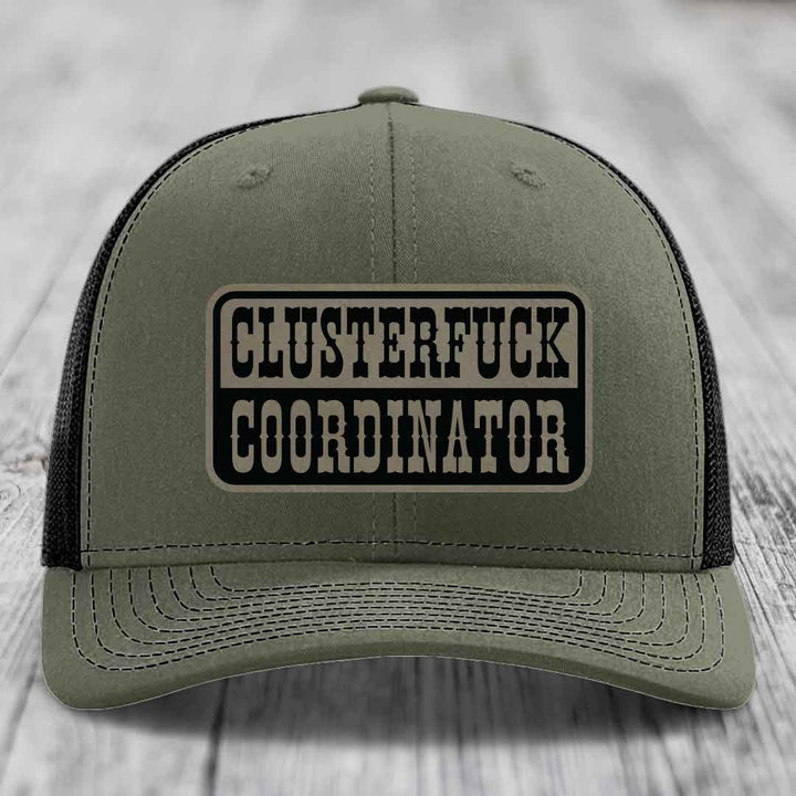 Cluster F*ck Coordinator - Leather Patch Hat - Light Brown to Black Patch - Richardson 112 Snapback Trucker Hat