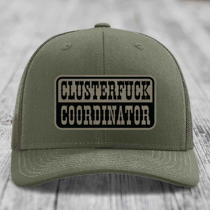 Cluster F*ck Coordinator - Leather Patch Hat - Light Brown to Black Patch - Richardson 112 Snapback Trucker Hat