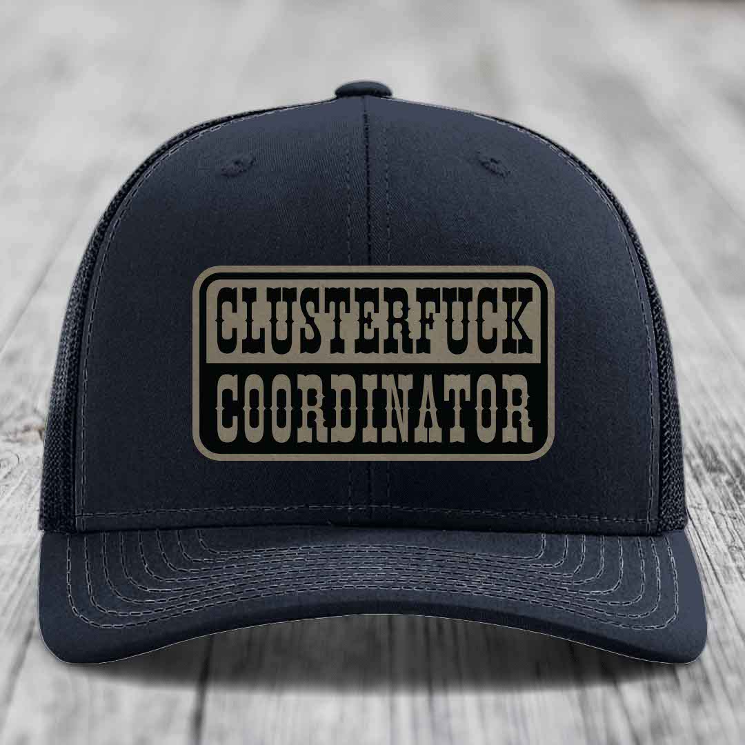 Cluster F*ck Coordinator - Leather Patch Hat - Light Brown to Black Patch - Richardson 112 Snapback Trucker Hat