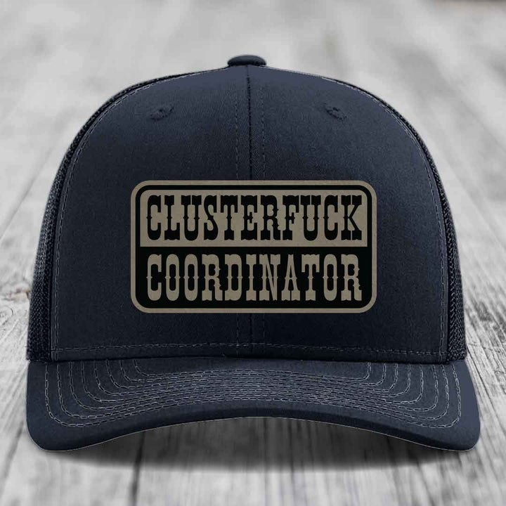 Cluster F*ck Coordinator - Leather Patch Hat - Light Brown to Black Patch - Richardson 112 Snapback Trucker Hat