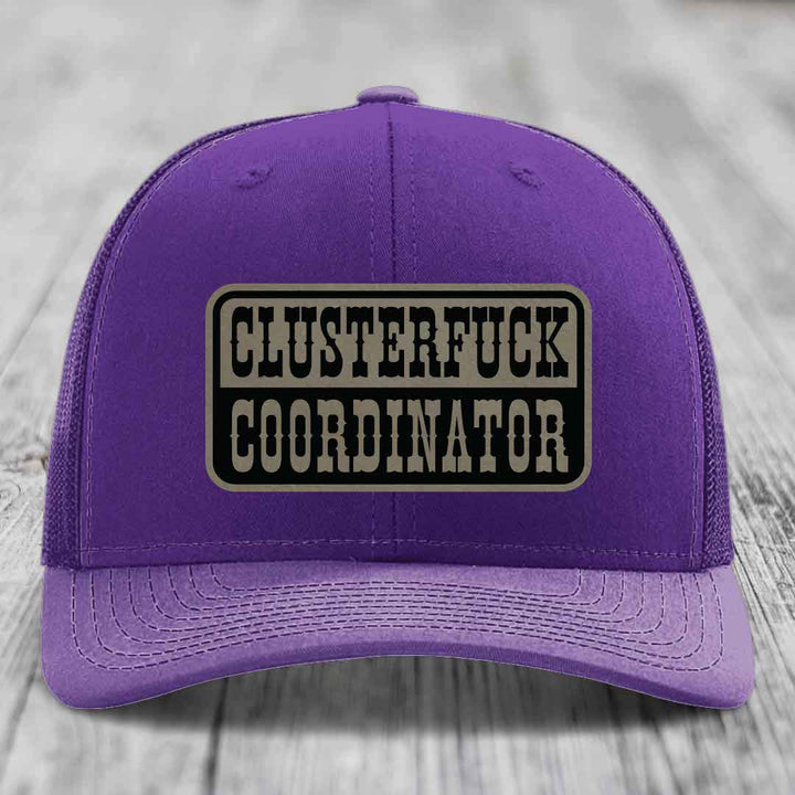 Cluster F*ck Coordinator - Leather Patch Hat - Light Brown to Black Patch - Richardson 112 Snapback Trucker Hat