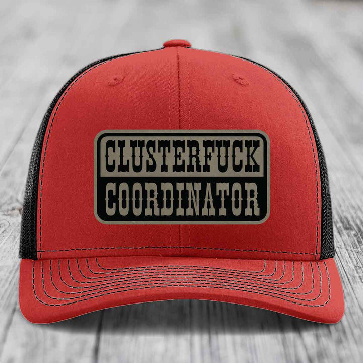 Cluster F*ck Coordinator - Leather Patch Hat - Light Brown to Black Patch - Richardson 112 Snapback Trucker Hat