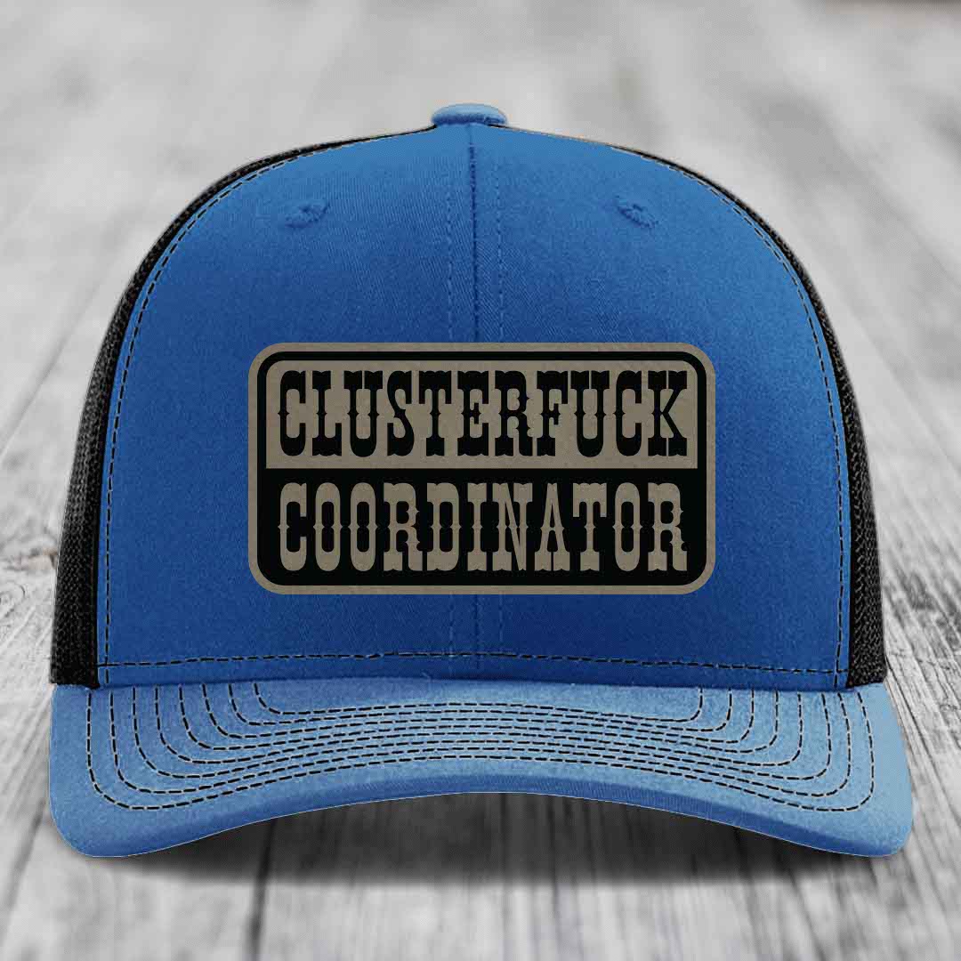 Cluster F*ck Coordinator - Leather Patch Hat - Light Brown to Black Patch - Richardson 112 Snapback Trucker Hat