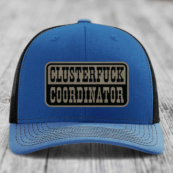 Cluster F*ck Coordinator - Leather Patch Hat - Light Brown to Black Patch - Richardson 112 Snapback Trucker Hat