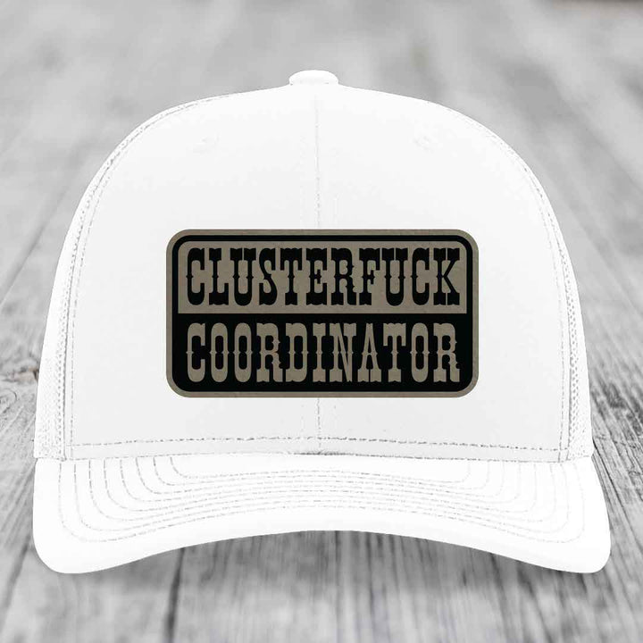 Cluster F*ck Coordinator - Leather Patch Hat - Light Brown to Black Patch - Richardson 112 Snapback Trucker Hat