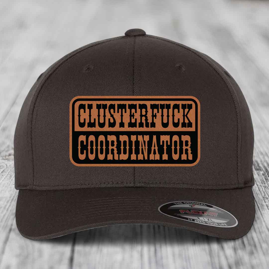 Cluster F*ck Coordinator - Leather Patch Hat - Rawhide to Black Patch - Flexfit 6277 Fitted Hat