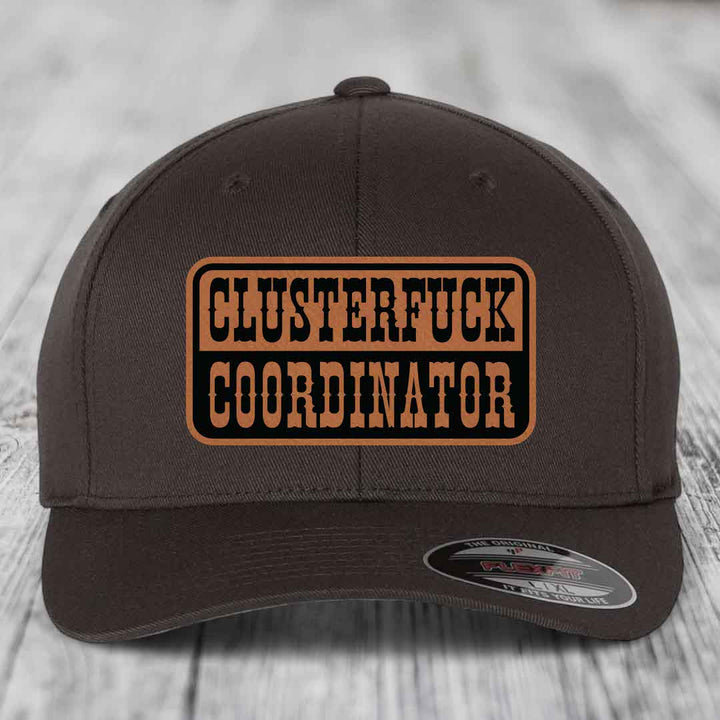 Cluster F*ck Coordinator - Leather Patch Hat - Rawhide to Black Patch - Flexfit 6277 Fitted Hat