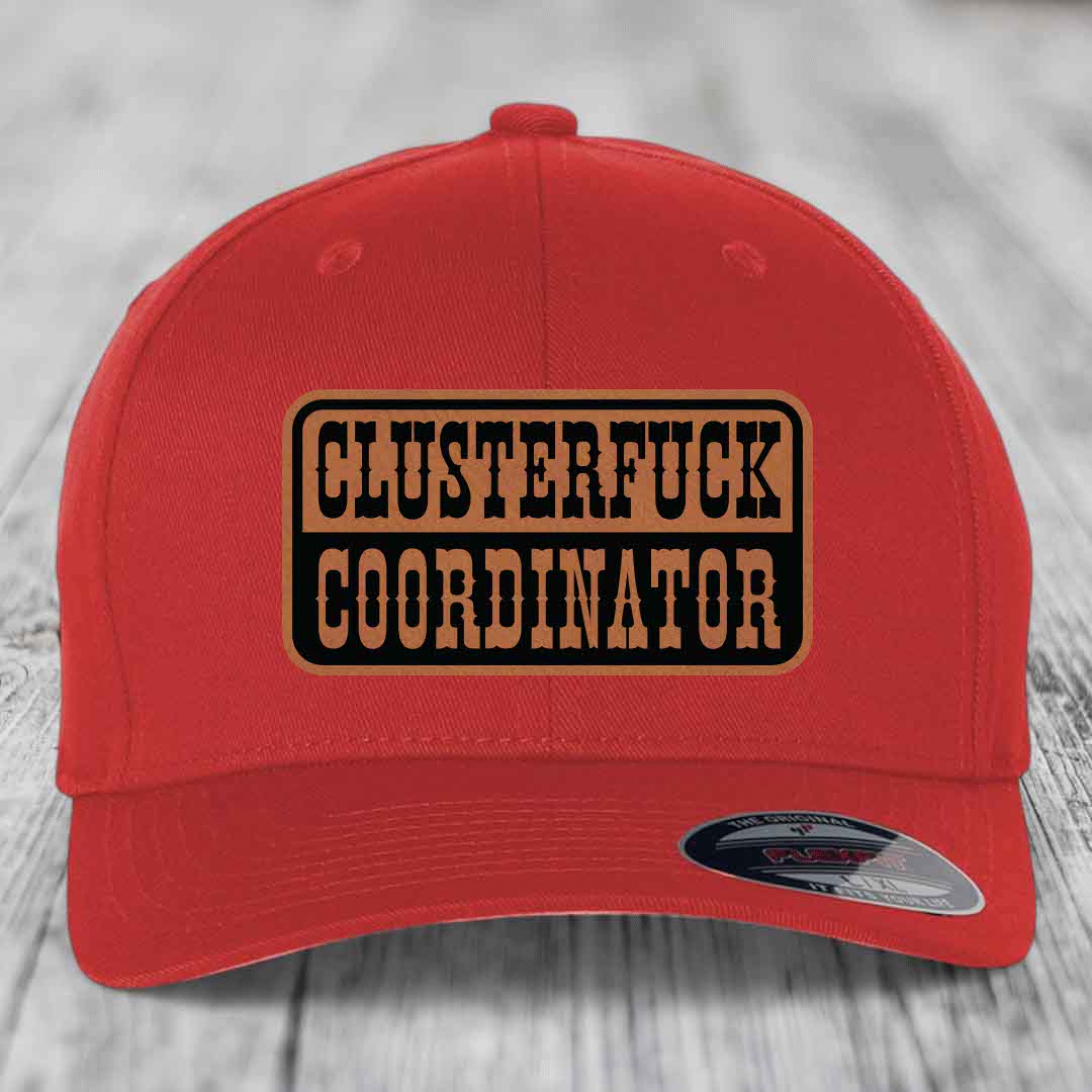Cluster F*ck Coordinator - Leather Patch Hat - Rawhide to Black Patch - Flexfit 6277 Fitted Hat