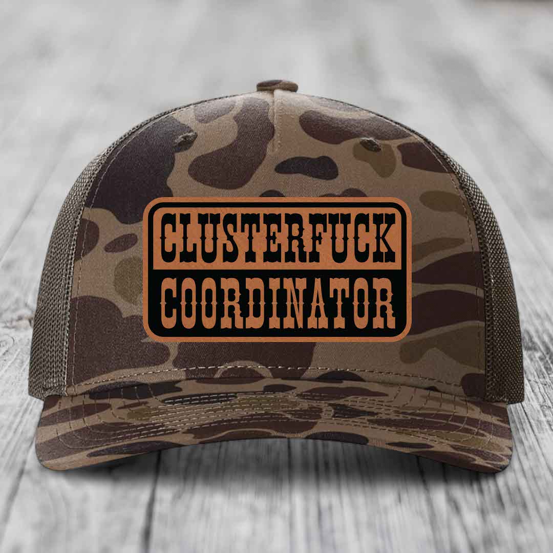 Cluster F*ck Coordinator - Leather Patch Hat - Rawhide to Black Patch - Richardson 112PFP Snapback Trucker Hat