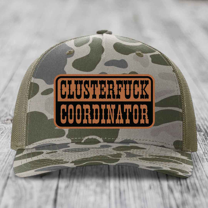 Cluster F*ck Coordinator - Leather Patch Hat - Rawhide to Black Patch - Richardson 112PFP Snapback Trucker Hat