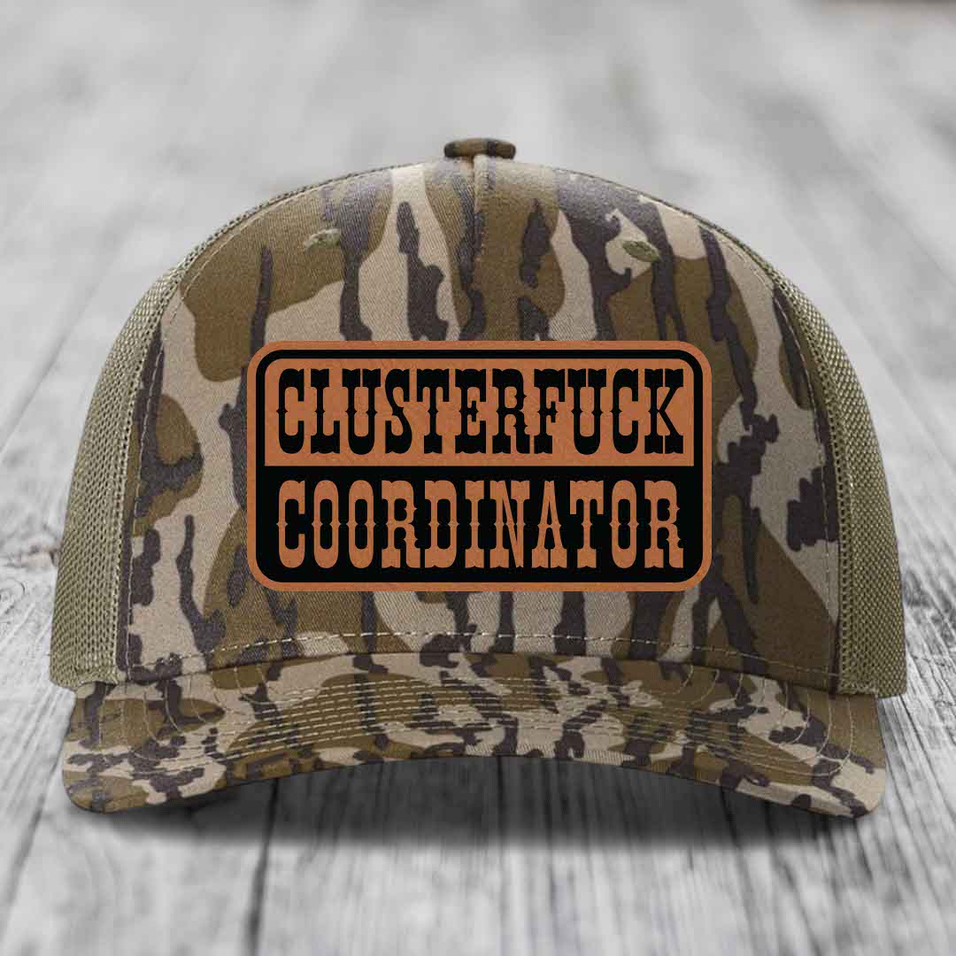 Cluster F*ck Coordinator - Leather Patch Hat - Rawhide to Black Patch - Richardson 112PFP Snapback Trucker Hat