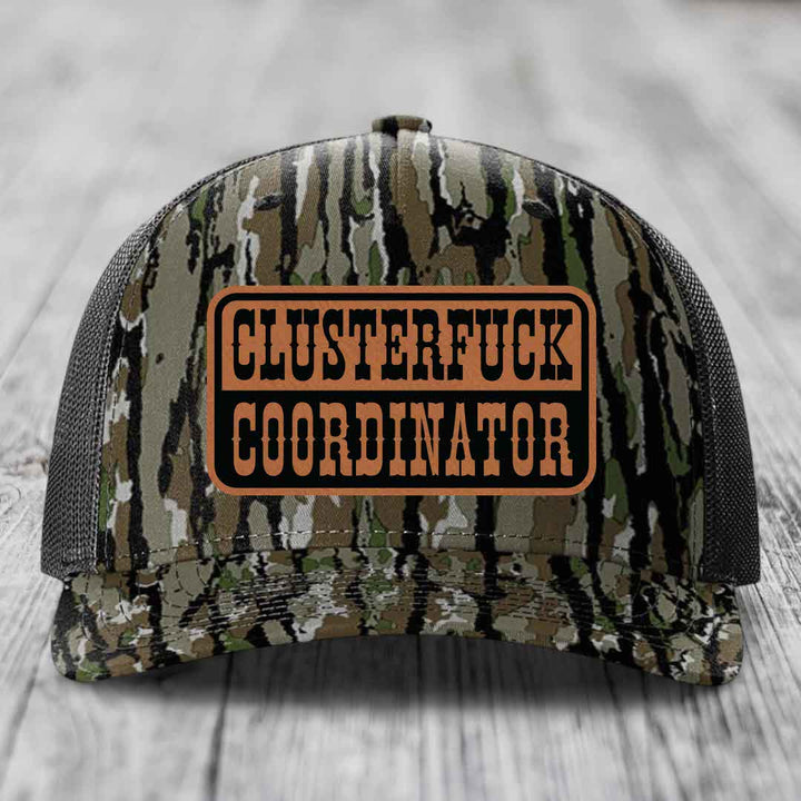 Cluster F*ck Coordinator - Leather Patch Hat - Rawhide to Black Patch - Richardson 112PFP Snapback Trucker Hat