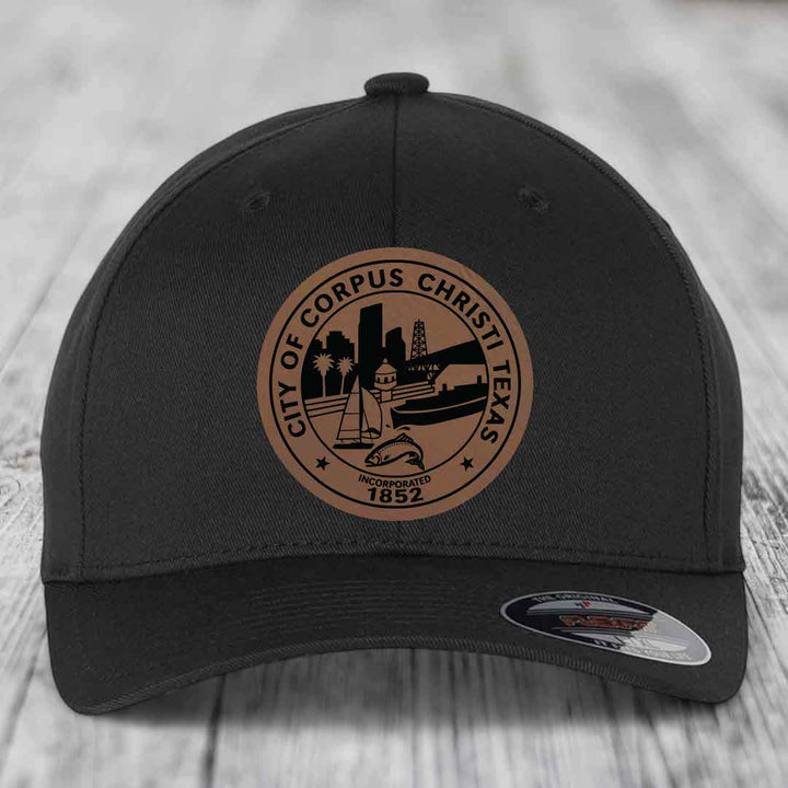 Corpus Christi Seal - Leather Patch Hat - Dark Brown to Black Patch - Flexfit 6277 Fitted Hat