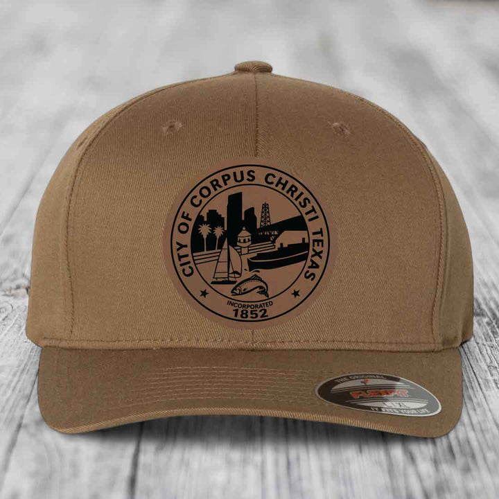Corpus Christi Seal - Leather Patch Hat - Dark Brown to Black Patch - Flexfit 6277 Fitted Hat