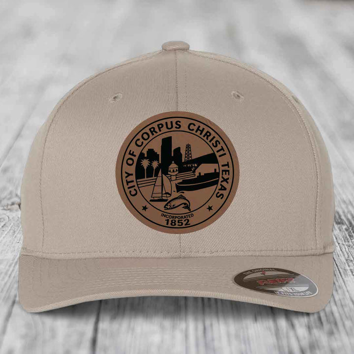 Corpus Christi Seal - Leather Patch Hat - Dark Brown to Black Patch - Flexfit 6277 Fitted Hat