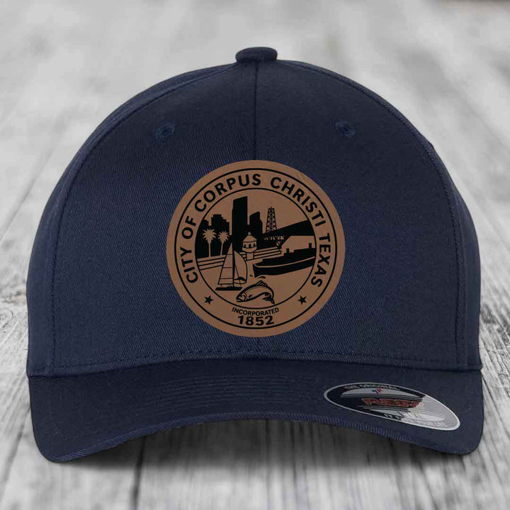 Corpus Christi Seal - Leather Patch Hat - Dark Brown to Black Patch - Flexfit 6277 Fitted Hat