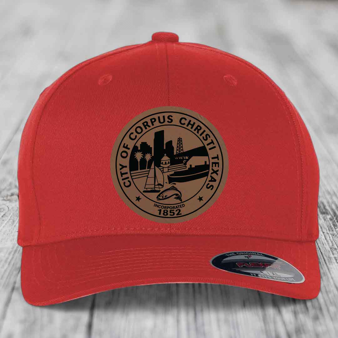 Corpus Christi Seal - Leather Patch Hat - Dark Brown to Black Patch - Flexfit 6277 Fitted Hat