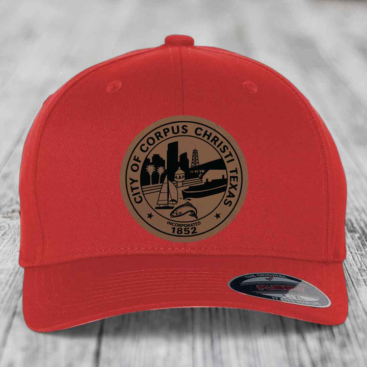 Corpus Christi Seal - Leather Patch Hat - Dark Brown to Black Patch - Flexfit 6277 Fitted Hat