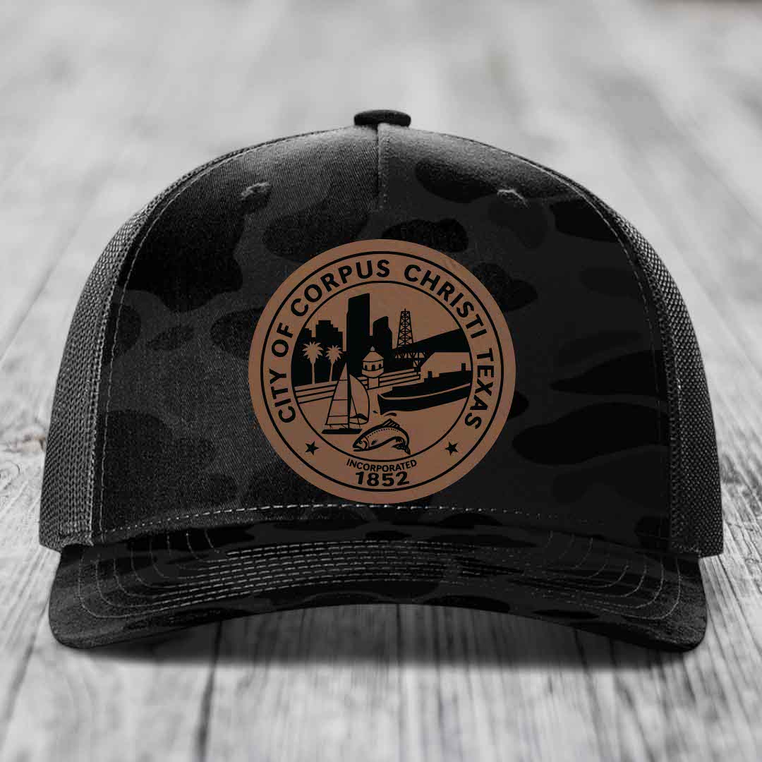 Corpus Christi Seal - Leather Patch Hat - Dark Brown to Black Patch - Richardson 112PFP Snapback Trucker Hat