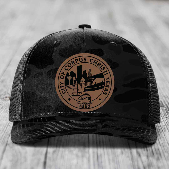 Corpus Christi Seal - Leather Patch Hat - Dark Brown to Black Patch - Richardson 112PFP Snapback Trucker Hat