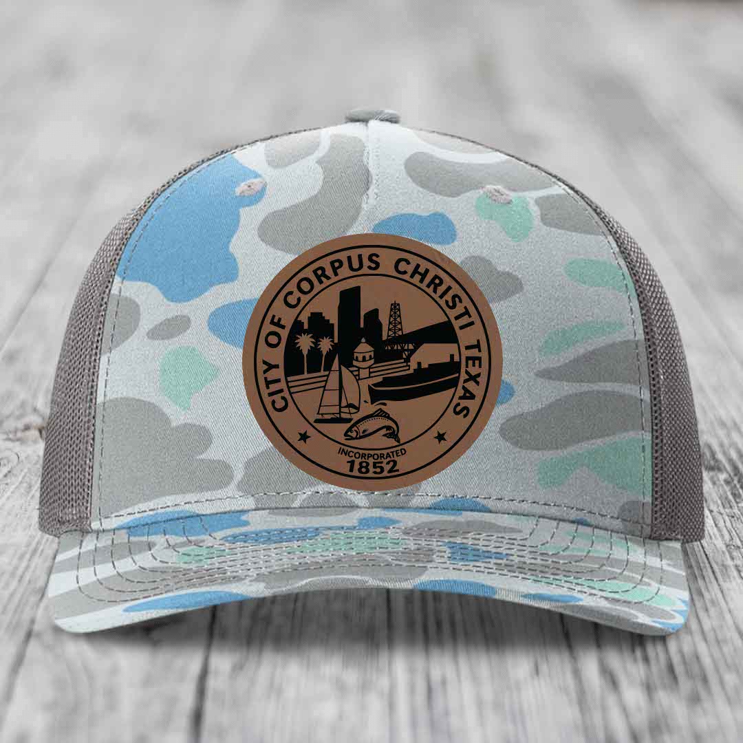 Corpus Christi Seal - Leather Patch Hat - Dark Brown to Black Patch - Richardson 112PFP Snapback Trucker Hat