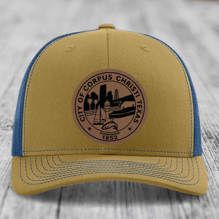 Corpus Christi Seal - Leather Patch Hat - Dark Brown to Black Patch - Richardson 112 Snapback Trucker Hat