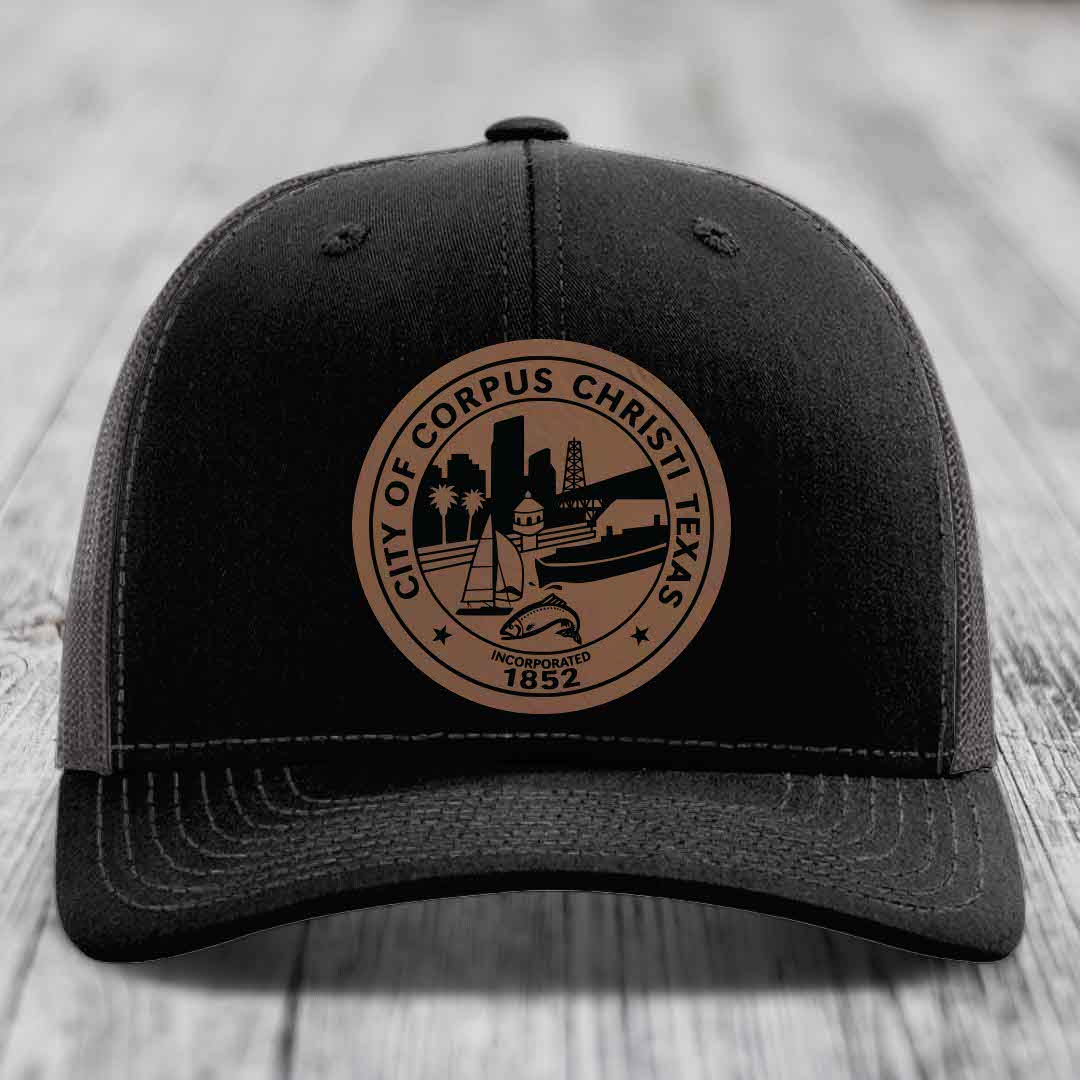 Corpus Christi Seal - Leather Patch Hat - Dark Brown to Black Patch - Richardson 112 Snapback Trucker Hat