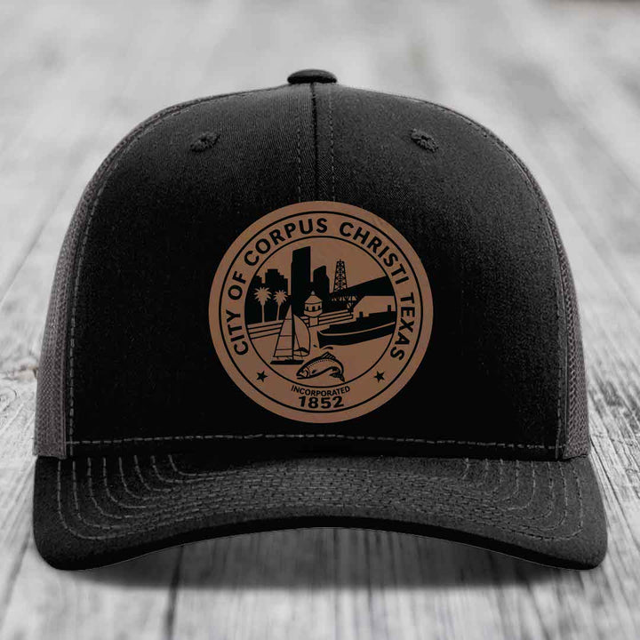 Corpus Christi Seal - Leather Patch Hat - Dark Brown to Black Patch - Richardson 112 Snapback Trucker Hat