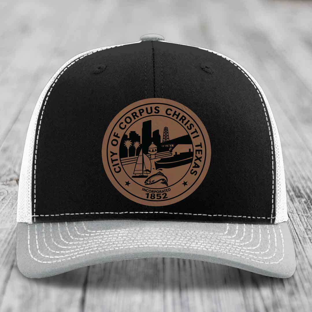 Corpus Christi Seal - Leather Patch Hat - Dark Brown to Black Patch - Richardson 112 Snapback Trucker Hat
