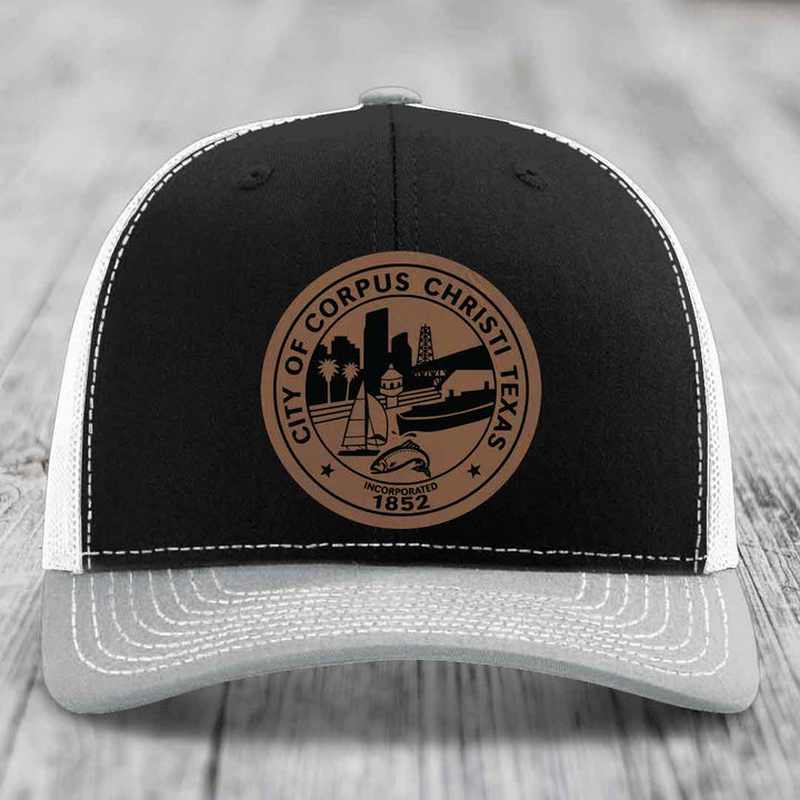 Corpus Christi Seal - Leather Patch Hat - Dark Brown to Black Patch - Richardson 112 Snapback Trucker Hat