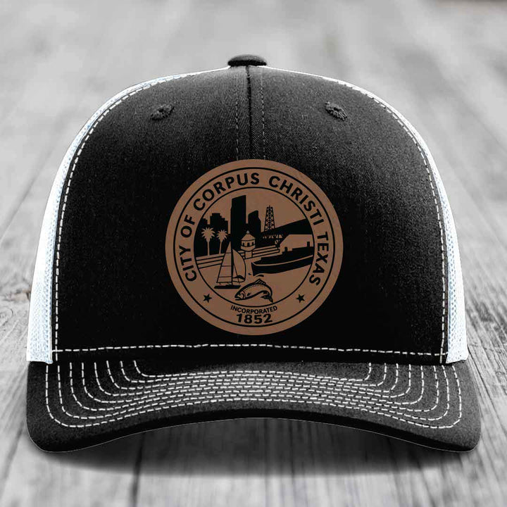 Corpus Christi Seal - Leather Patch Hat - Dark Brown to Black Patch - Richardson 112 Snapback Trucker Hat