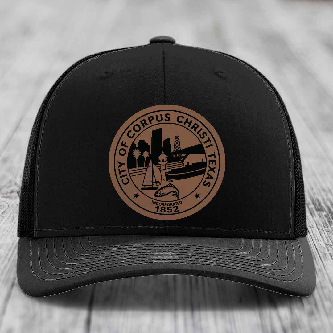 Corpus Christi Seal - Leather Patch Hat - Dark Brown to Black Patch - Richardson 112 Snapback Trucker Hat