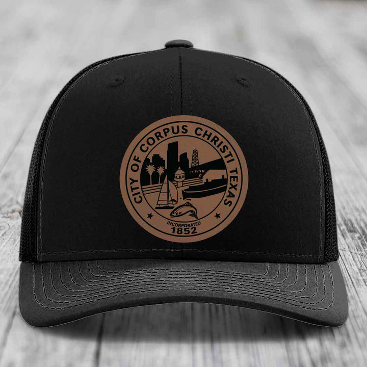 Corpus Christi Seal - Leather Patch Hat - Dark Brown to Black Patch - Richardson 112 Snapback Trucker Hat