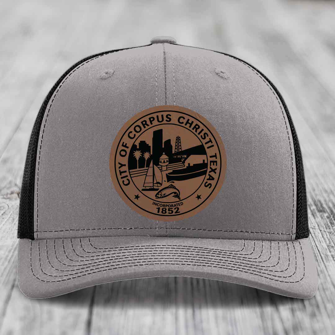 Corpus Christi Seal - Leather Patch Hat - Dark Brown to Black Patch - Richardson 112 Snapback Trucker Hat