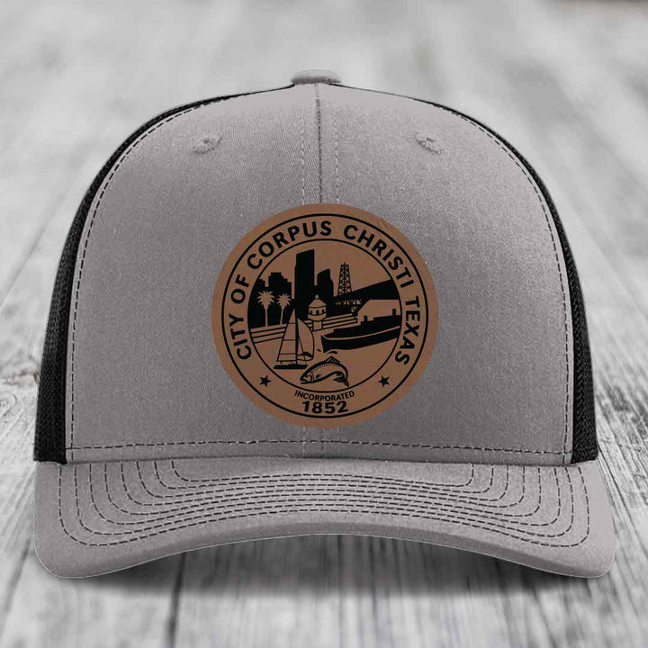 Corpus Christi Seal - Leather Patch Hat - Dark Brown to Black Patch - Richardson 112 Snapback Trucker Hat
