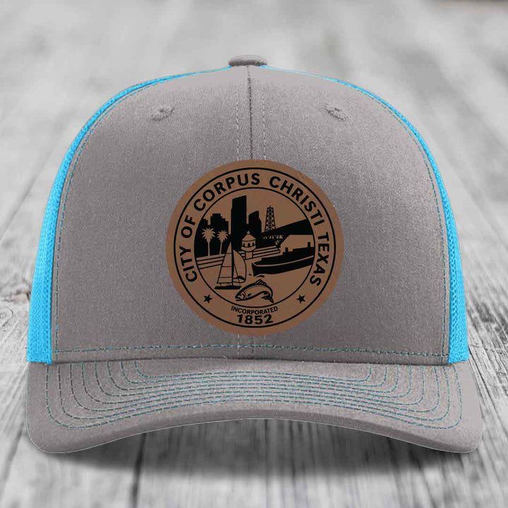 Corpus Christi Seal - Leather Patch Hat - Dark Brown to Black Patch - Richardson 112 Snapback Trucker Hat