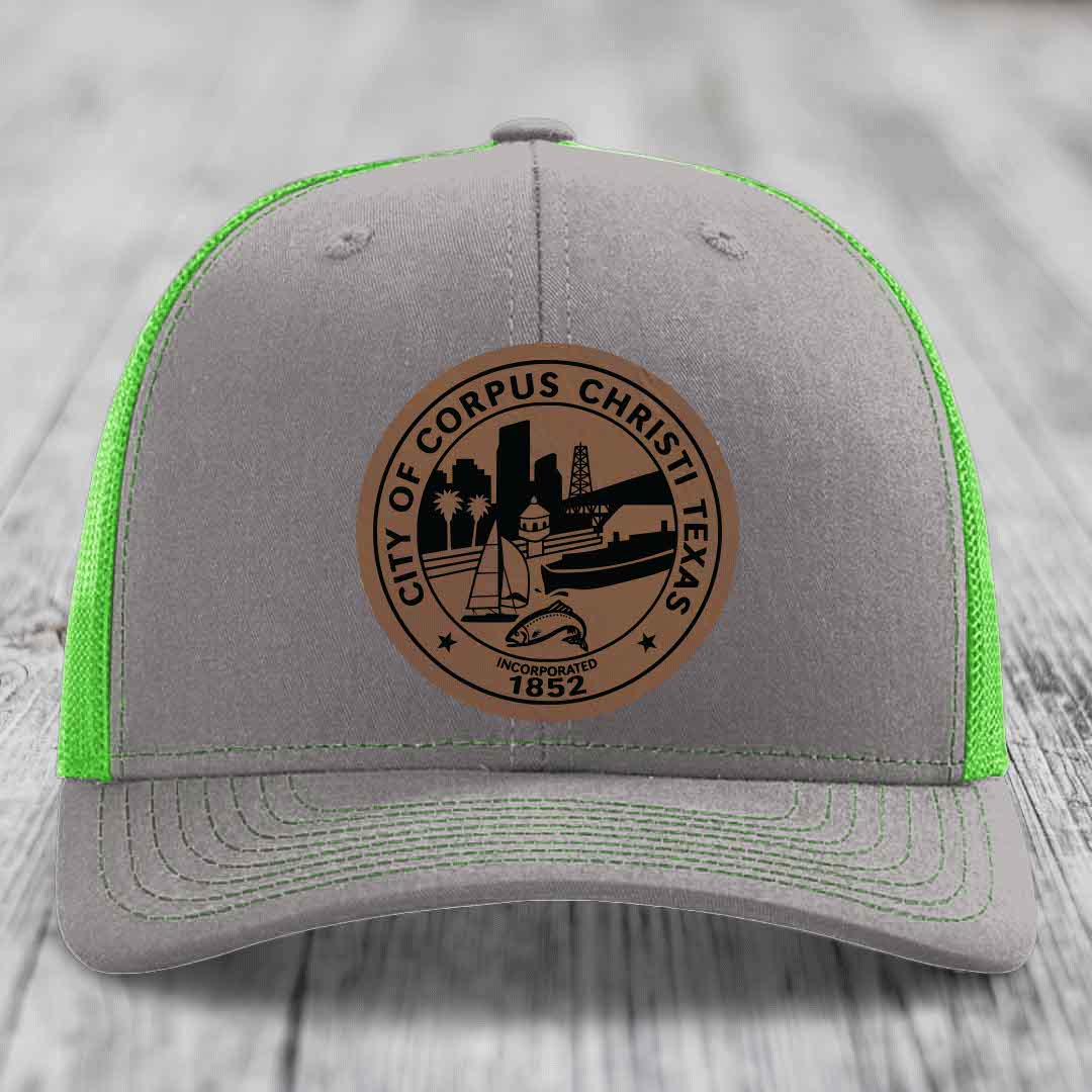 Corpus Christi Seal - Leather Patch Hat - Dark Brown to Black Patch - Richardson 112 Snapback Trucker Hat