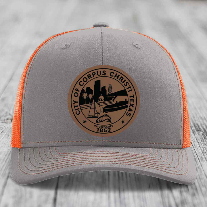 Corpus Christi Seal - Leather Patch Hat - Dark Brown to Black Patch - Richardson 112 Snapback Trucker Hat